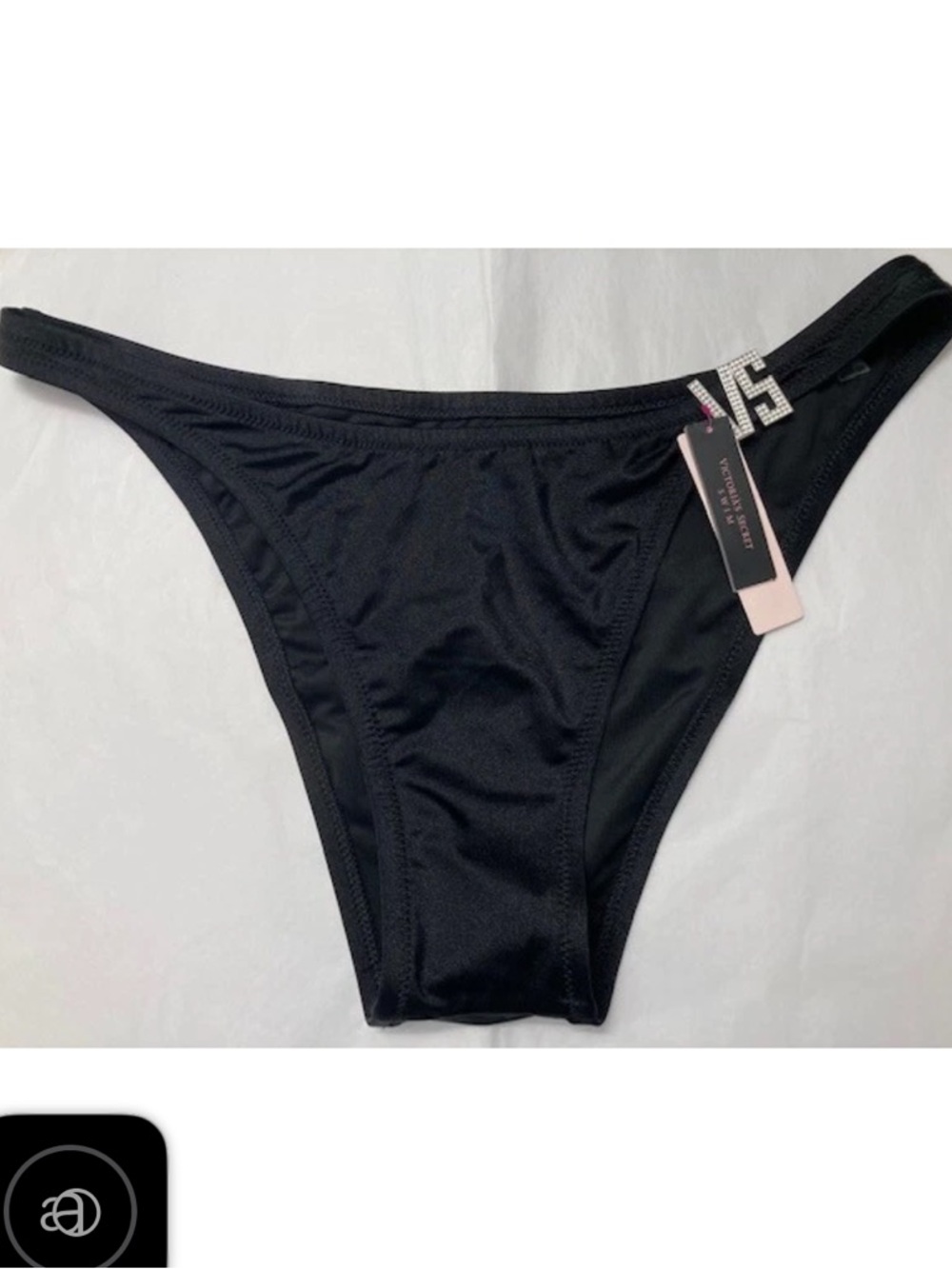 Victoria's Secret Brazilian Bikini Swim Bottom Black VS Rhinestone Logo NWT